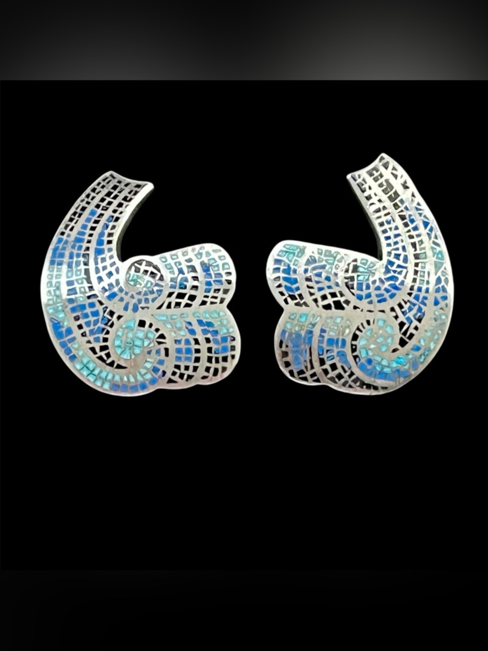 Margot de Taxco Sterling Enamel Swirl Earrings #5544 Blue Turquoise Mid Century